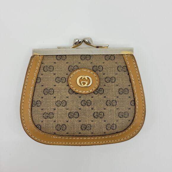 Gucci Coin Purse Vintage Kiss Clasp GG Brown Double Compartments Small - Picture 1 of 15